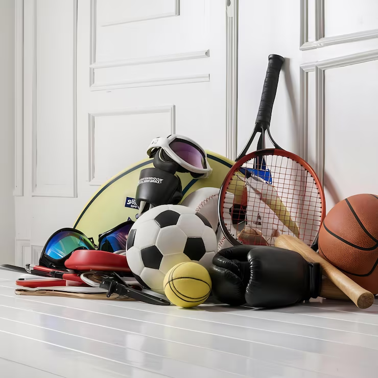 Assorted sports equipment including a basketball, football, tennis racket and boxing gloves
